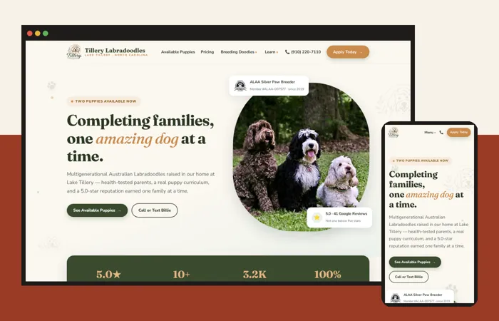 Tillery Labradoodles website shown on a laptop and a phone